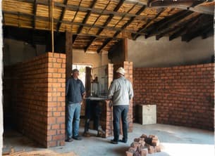 Two men laying brick walls inside the shell
