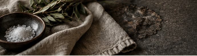 A bowl of sea salt, an olive sprig and folded linen on a dark stone surface