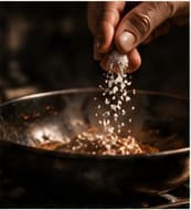 A hand seasoning a dark pan