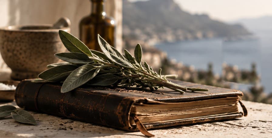 A leather-bound book with a sprig of sage on a stone ledge