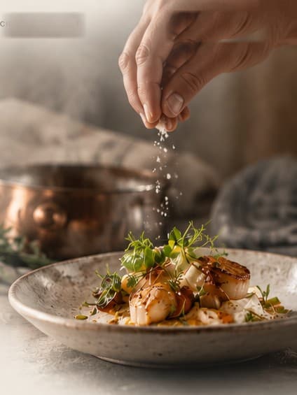 A hand scattering salt over a plate of seared scallops beside a copper pot