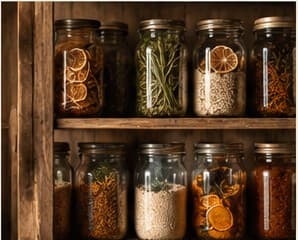 Shelves of glass jars holding dried citrus, herbs and grains