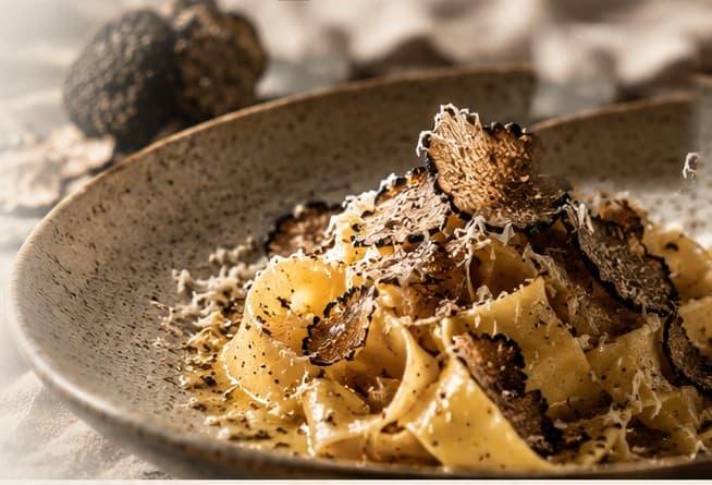 Pappardelle with shaved black truffle and parmesan on a stoneware plate