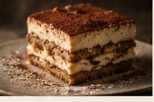 A square of tiramisù dusted with cocoa