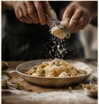 Grating cheese over a plate of fresh pasta
